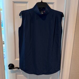 Kloth Navy Sleeveless Blouse Mock Neck Pleated Shoulder Small